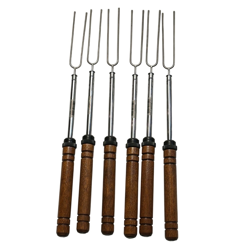 Set 6 Telescoping Roasting Forks Stainless Steel Wood Handle 12" Camping Grill